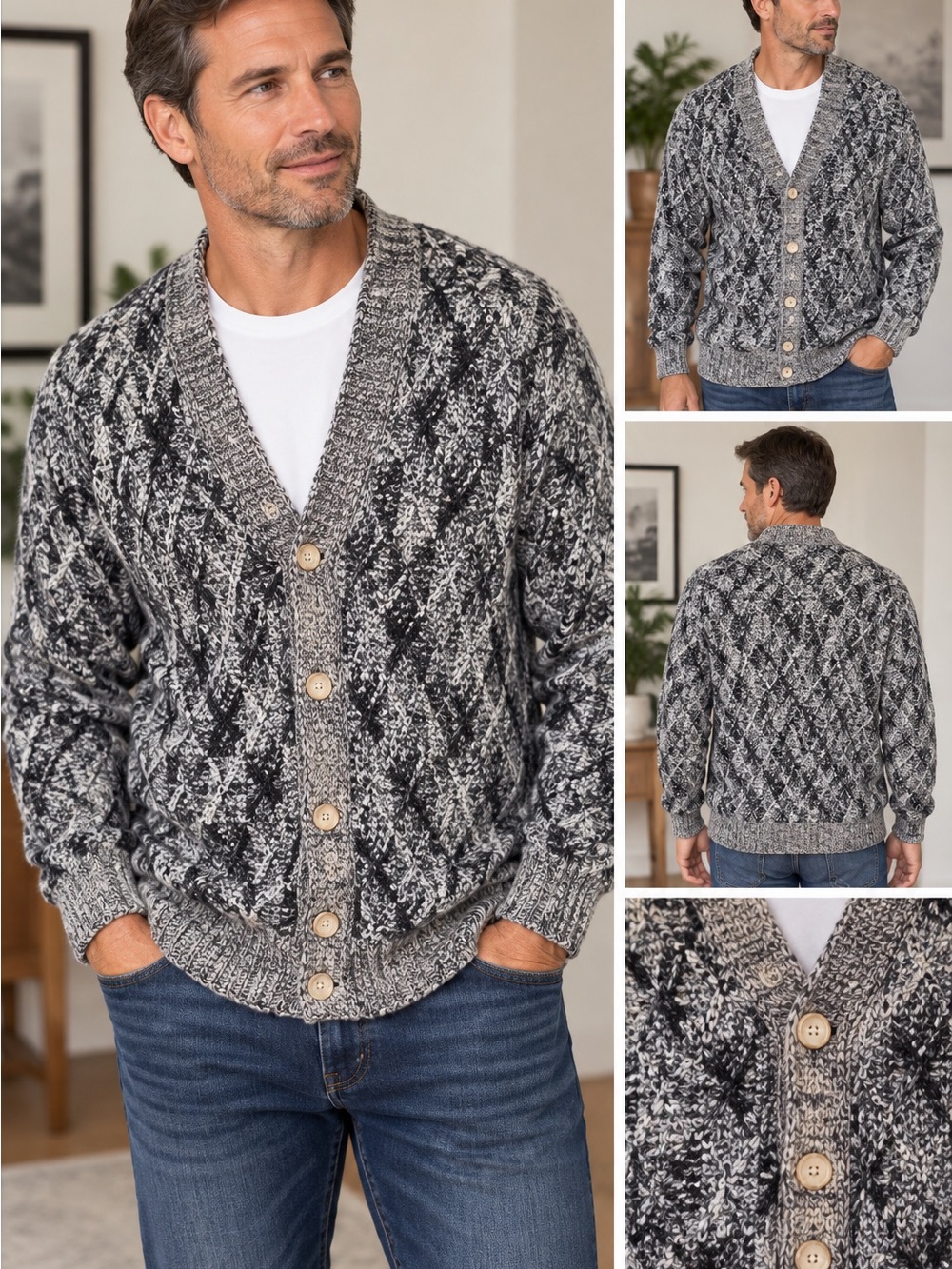 Men's Marled Black & Gray Button-Front Grandpa Cardigan